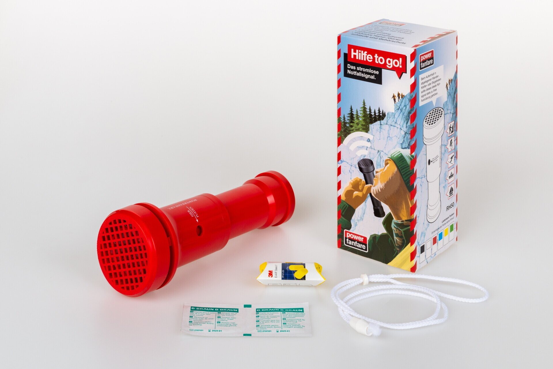 Notsignal Powerfanfare RH50 Standard mit Halteband weiß, 2 x Alco-Hygiene Pads, 1 x Gehörschutz